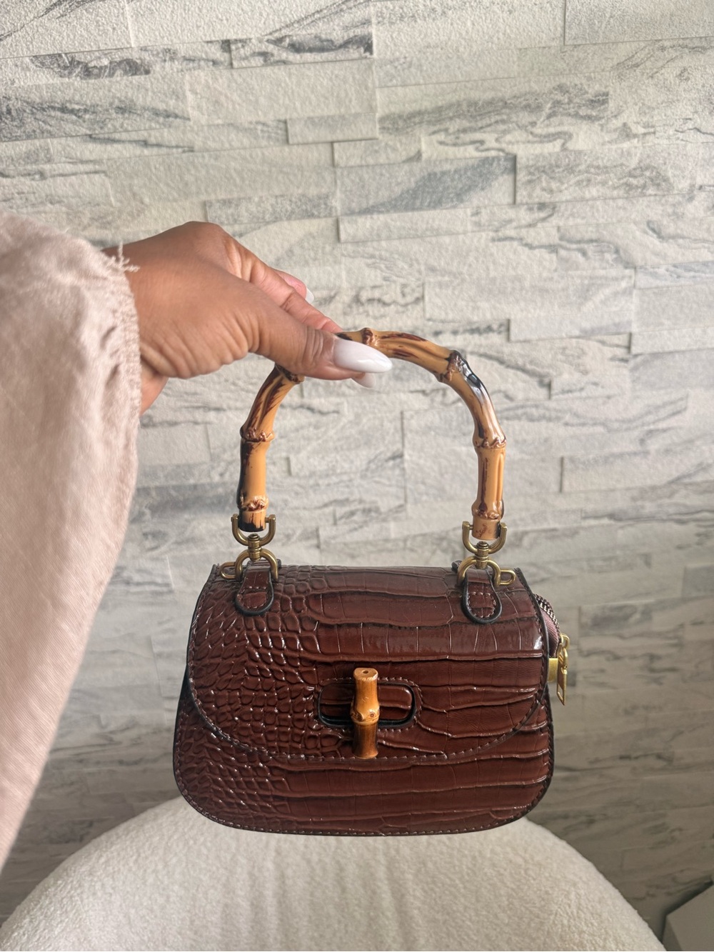 Brown Croc-Embossed Bamboo-Handle Top Handle Bag